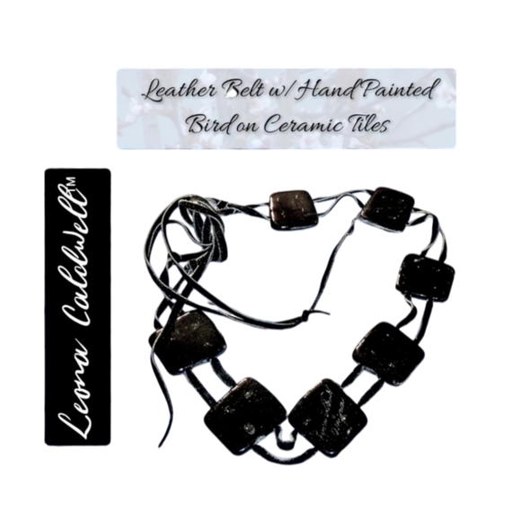 Leona Caldwell ~ Native American Leather Belt with Hand Painted Birds on Ceramic - Picture 5 of 5